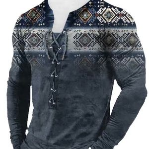 Men's Retro Long Sleeve Ethnic Printed  V-Neck Street Pullover Sweatshirt XL